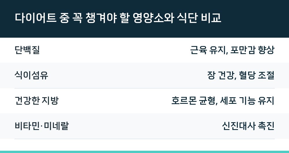 다이어트 중 꼭 챙겨야 할 영양소와 식단 비교